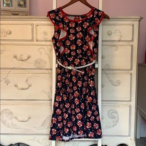 Girls Floral Patterned Dress & White Belt